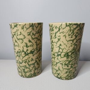 2 Robinson Ransbottom Pottery Roseville OH 16 oz Green Spongeware Tumblers